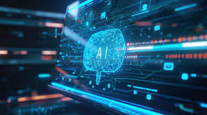 Glowing AI brain icon on a futuristic digital display
