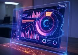 Futuristic transparent tablet showing data analytics