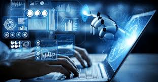 Robotic hand using a laptop displaying complex data charts